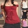 Off-Shoulder Plain Lace-Up Sheer Top