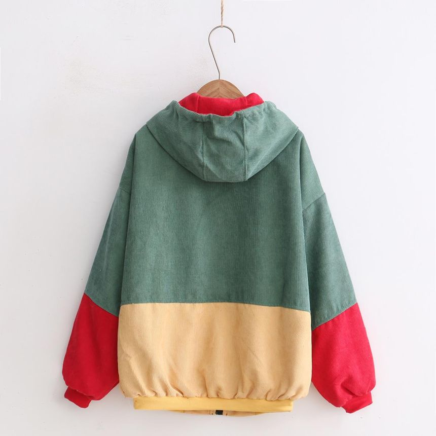 corduroy color block drawstring hooded jacket