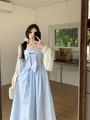 Spaghetti Strap Bow Plain Maxi A-Line Dress / Plain Cardigan