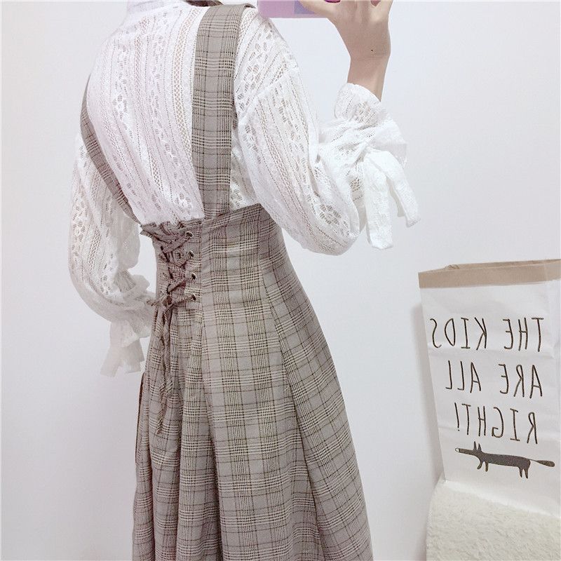 AKANYA Long-Sleeve Lace Shirt / Plaid Midi A-Line Suspender Skirt | YesStyle