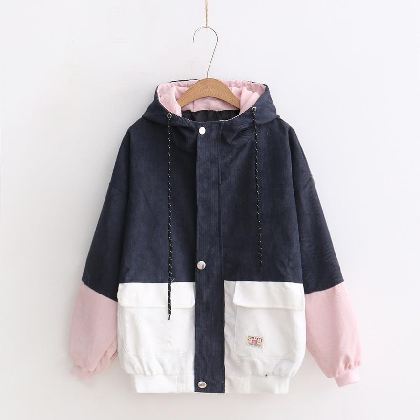 Hooded Color-Block Corduroy Jacket in 
