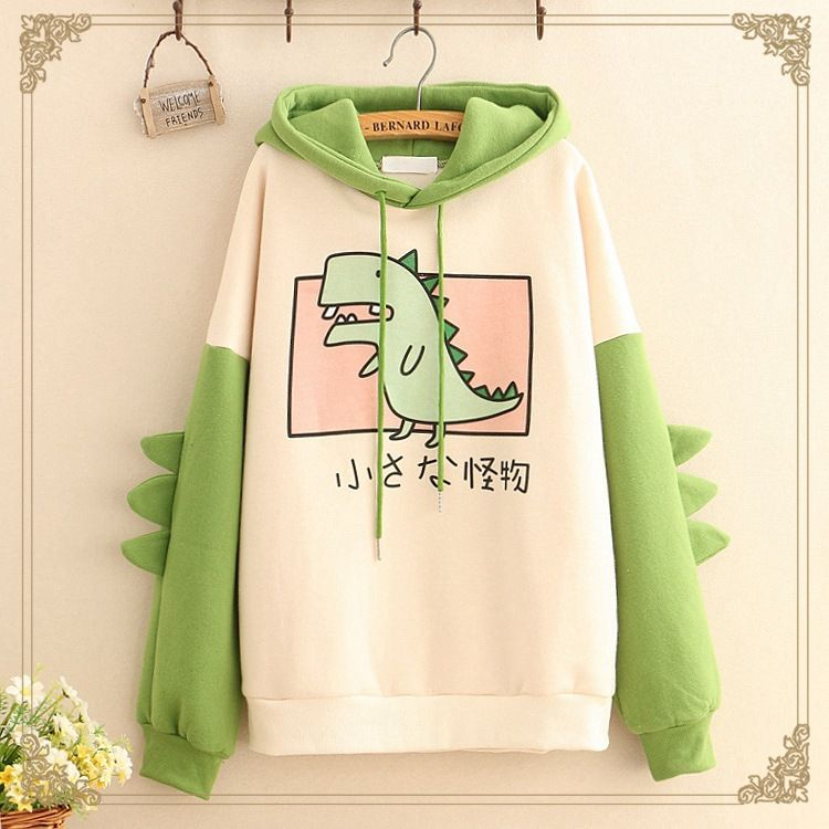 Thick Fleece Hoodie Sweatshirt Women Dinosaur Print Hood Kawaii Harajuku Japan 