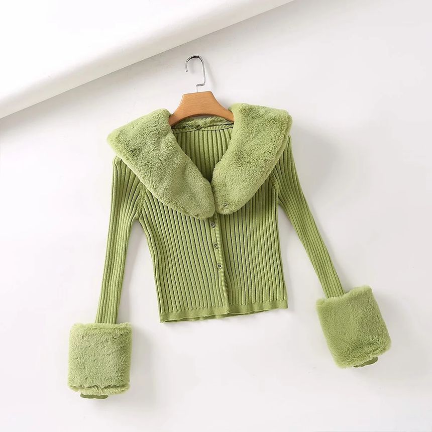 Buy Reknovine - Long-Sleeve Faux Fur Trim Ribbed Knit Cardigan in 