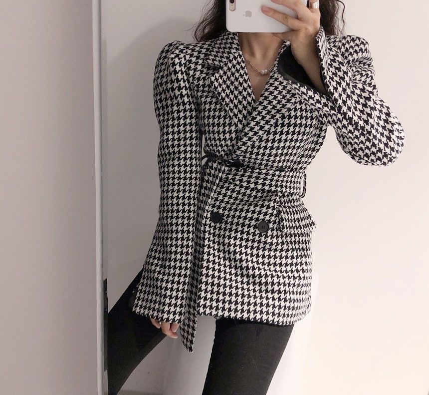 belted houndstooth jacket