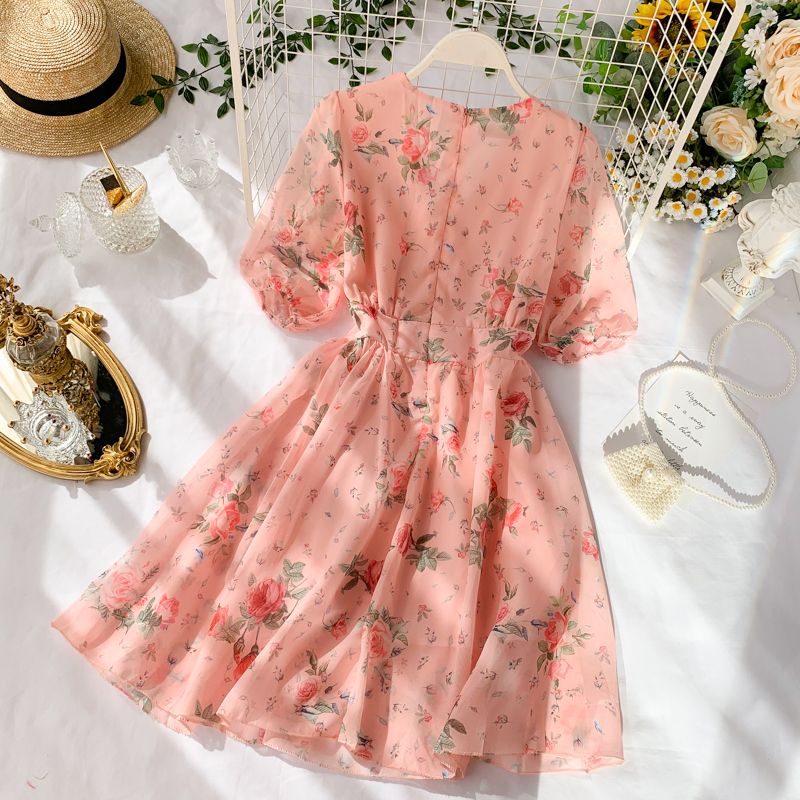 Lucuna - Balloon-Sleeve Floral Print Chiffon Dress | YesStyle