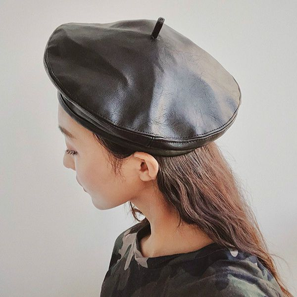 Faux Leather Beret Hat