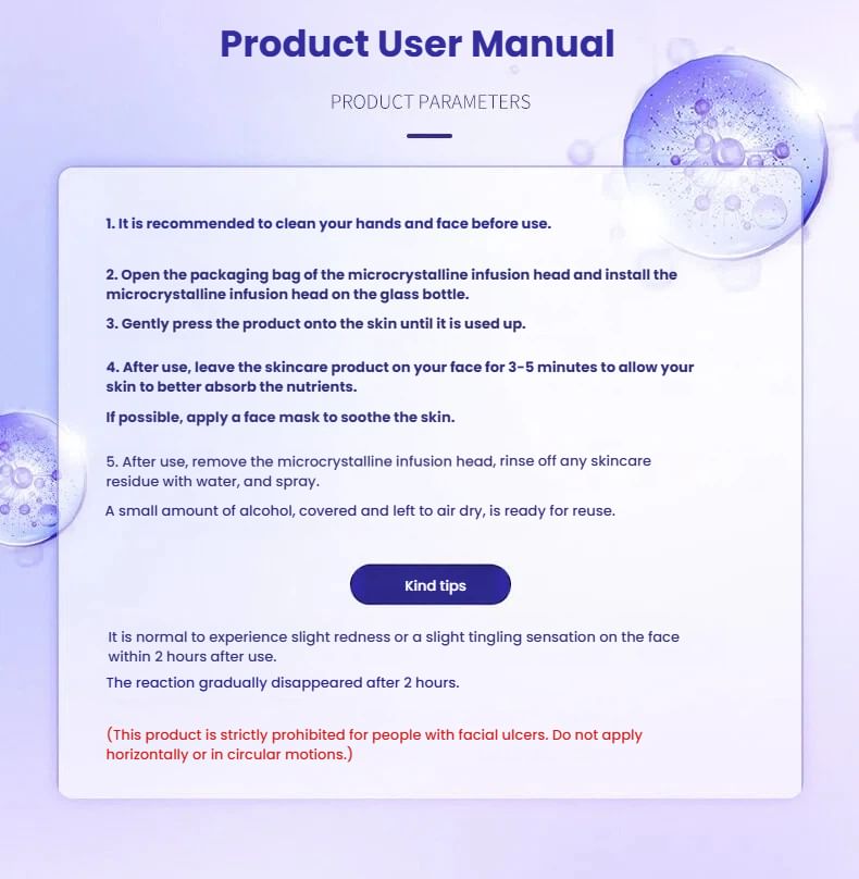 6D Nano Microcrystalline Infusion Head Microneedle Stamp Head 20PCS 11 <h3 class="PDq2pG_selectionAnchorContainer" data-start="438" data-end="525" data-section-id="ud5wjg">Professional Serum Applicator Consumable for 6D Skin Infusion & Cosmetic Treatments</h3> <p data-start="527" data-end="924"><strong data-start="527" data-end="544">Product Type:</strong> 6D Nano Microcrystalline Infusion Head<br data-start="583" data-end="586" /><strong data-start="586" data-end="602">Application:</strong> Professional Facial & Skin Care Treatments<br data-start="645" data-end="648" /><strong data-start="648" data-end="659">Design:</strong> Replaceable Treatment Head / Consumable<br data-start="699" data-end="702" /><strong data-start="702" data-end="714">Options:</strong> 6 Microcrystalline Configurations<br data-start="748" data-end="751" /><strong data-start="751" data-end="770">Particle Sizes:</strong> 100 μm / 150 μm / 185 μm / 225 μm / 300 μm / Rounded Crystal<br data-start="831" data-end="834" /><strong data-start="834" data-end="842">Use:</strong> Compatible 6D infusion equipment and corresponding professional treatment systems</p> 6D Nano Microcrystalline Infusion Head Microneedle Stamp Head 20PCS