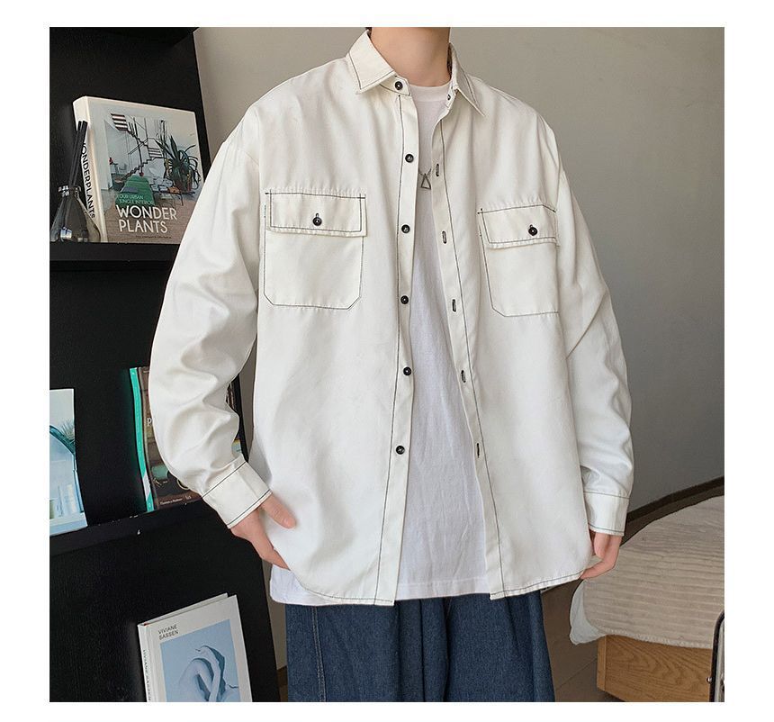 Long-Sleeve Contrast Stitch Loose-Fit Cargo Shirt