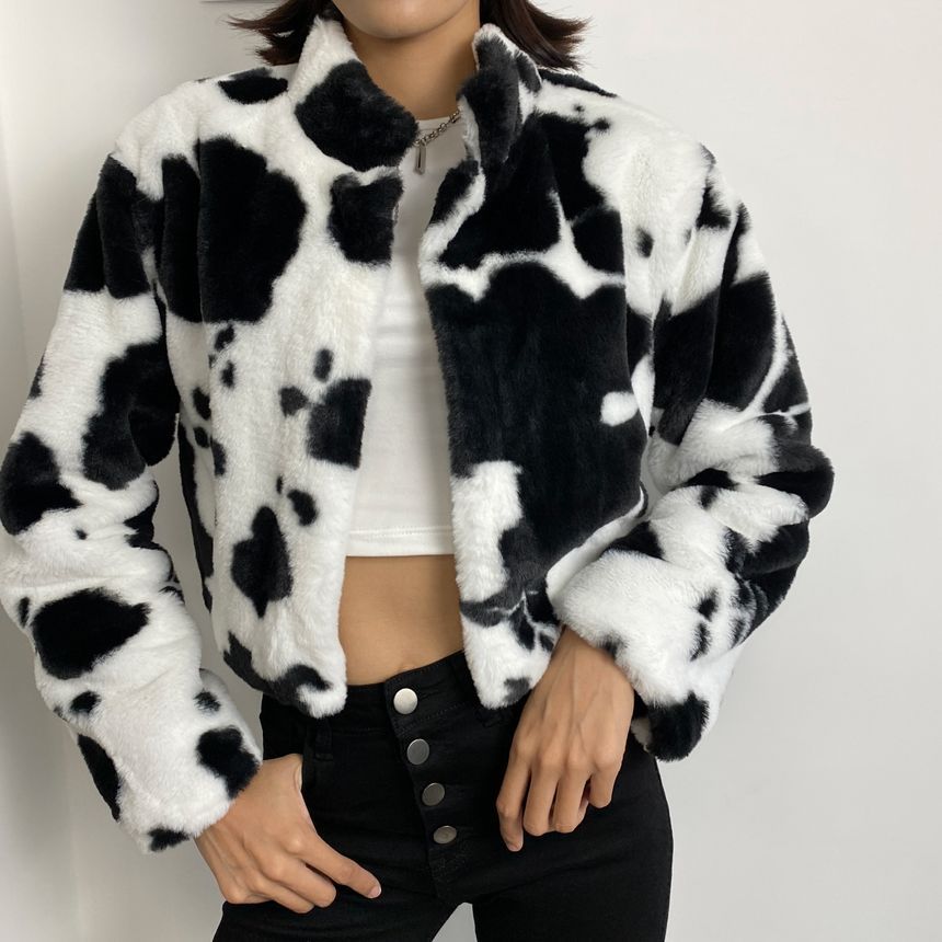 Atelier Kita Milk Cow Print Fleece Jacket | YesStyle
