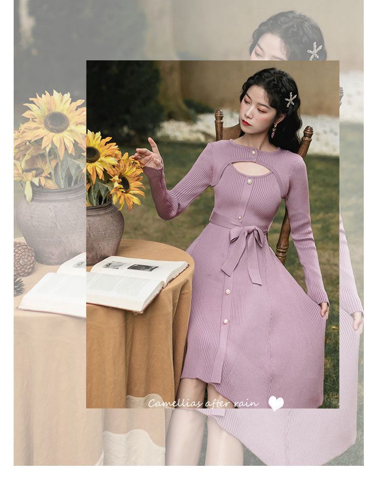 lady jean 镂空长袖a字连衣中裙 | yesstyle