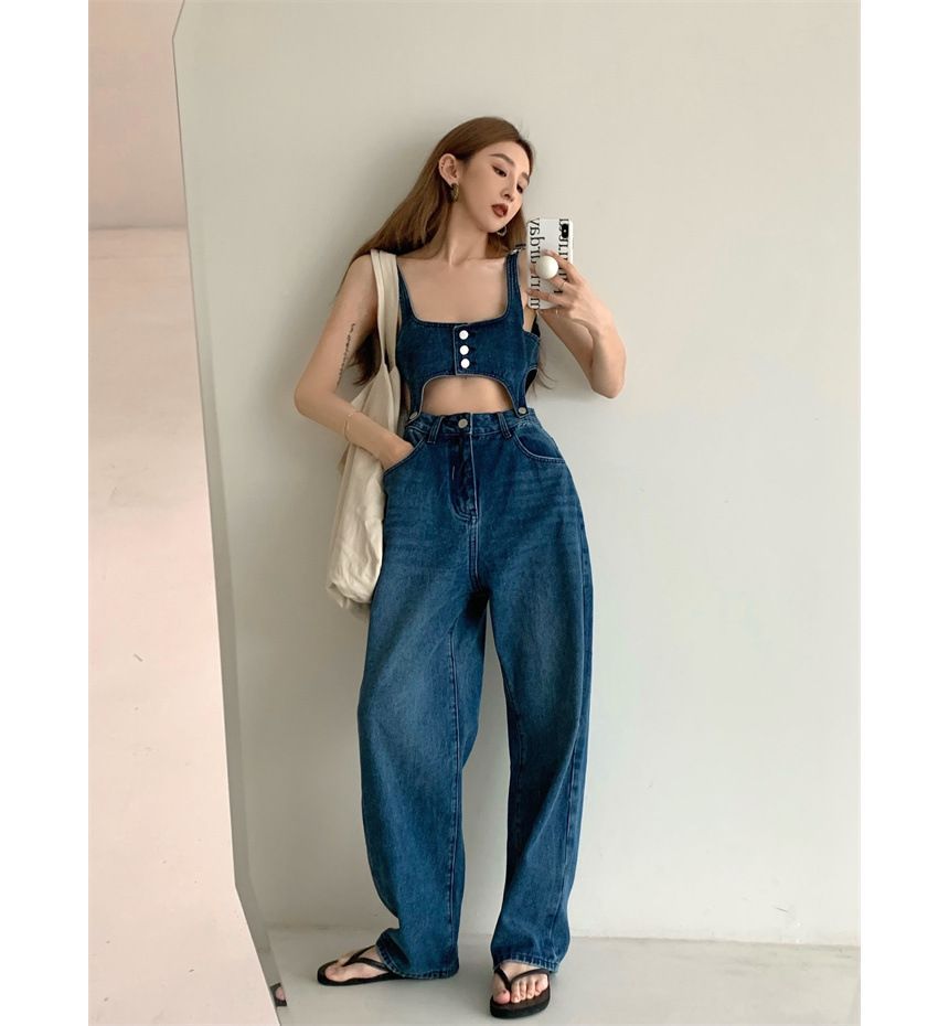 Jappie - Denim Crop Button-Up Camisole Top / High Waist Washed Loose-Fit  Jeans | YesStyle
