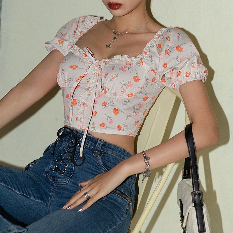Flower Print Short-Sleeve Crop Top 