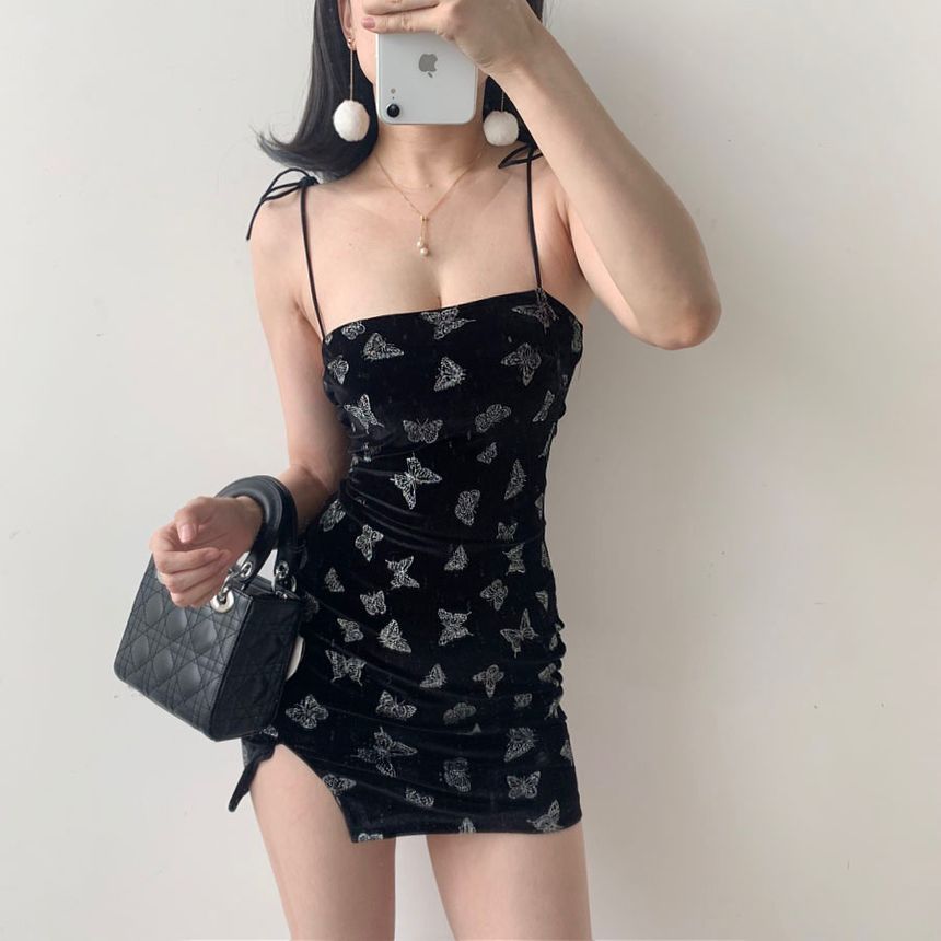 spaghetti strap butterfly print dress