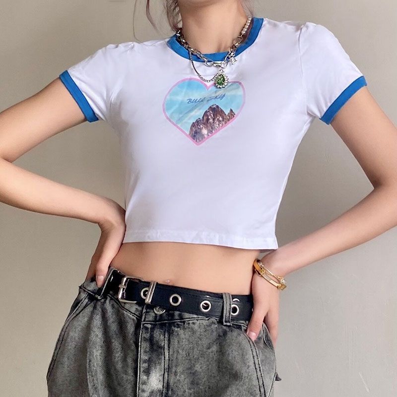 Short-Sleeve Heart Print Cropped Ringer 