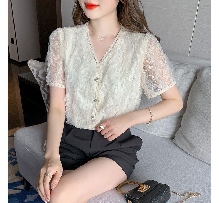 Short-Sleeve V-Neck Lace Blouse