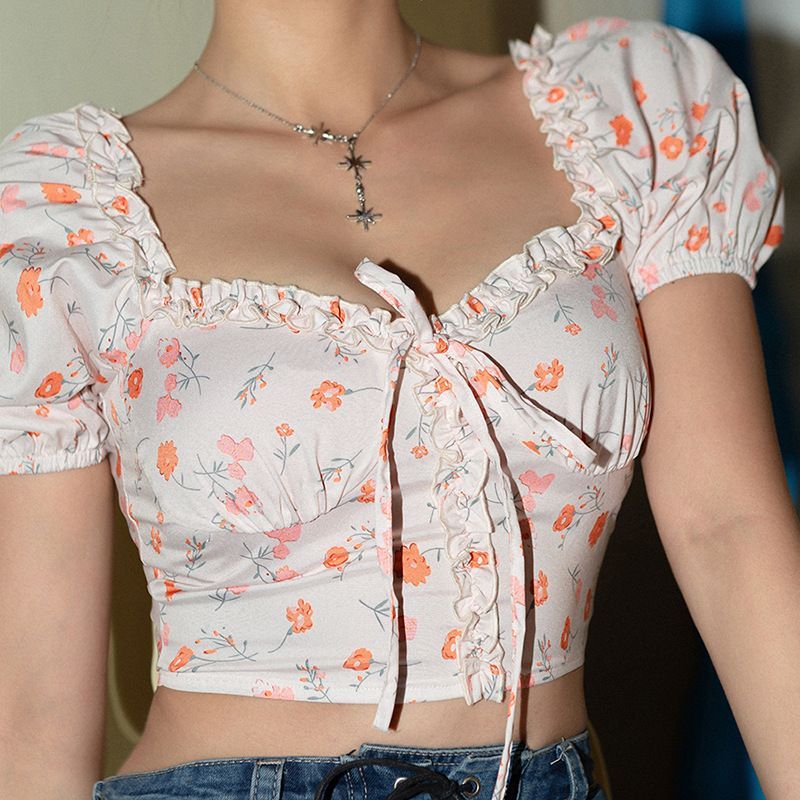 Flower Print Short-Sleeve Crop Top 