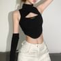 Set: Halter-Neck Cutout Plain Crop Top + Arm Sleeves