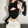 Set: Halter-Neck Cutout Plain Crop Top + Arm Sleeves