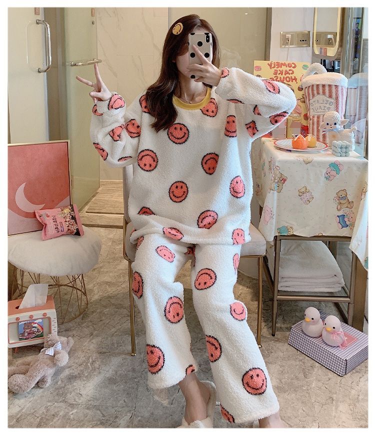 Sweetzer Pajama Set Smiley Face Print Flannel Pullover + Pants YesStyle