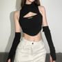 Set: Halter-Neck Cutout Plain Crop Top + Arm Sleeves