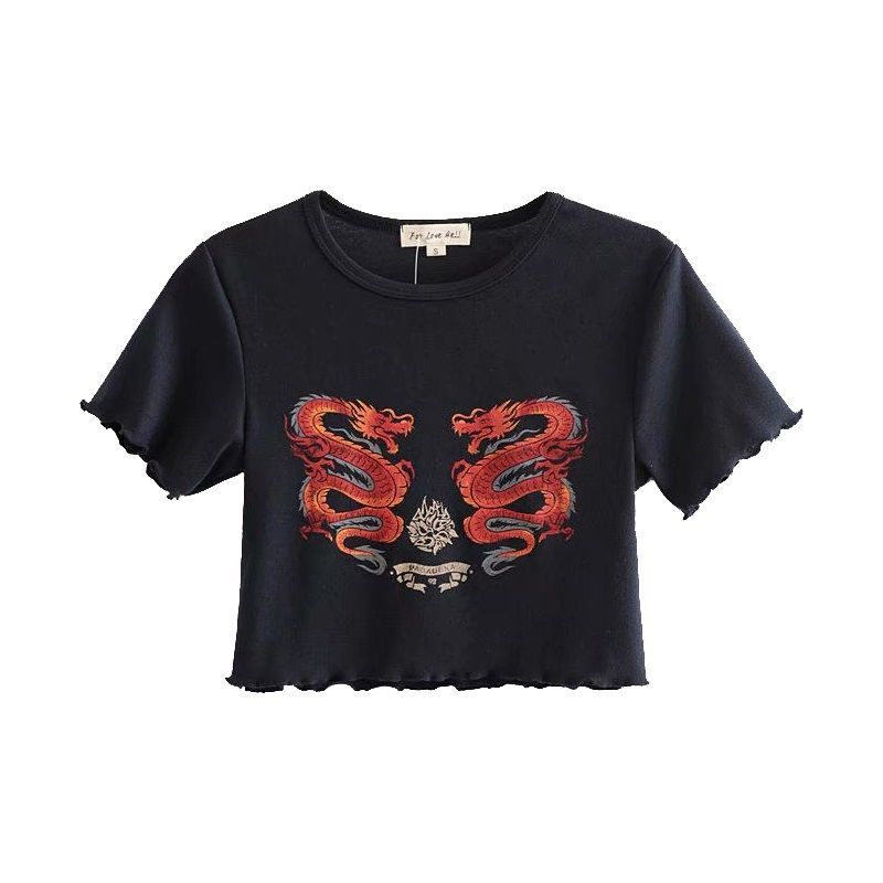 Short-Sleeve Dragon Print Lettuce Edge 
