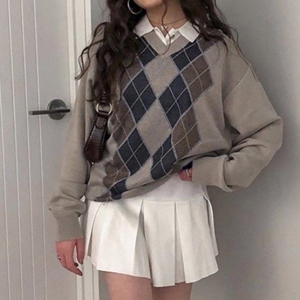 V-Neck Argyle Oversized Sweater | YesStyle