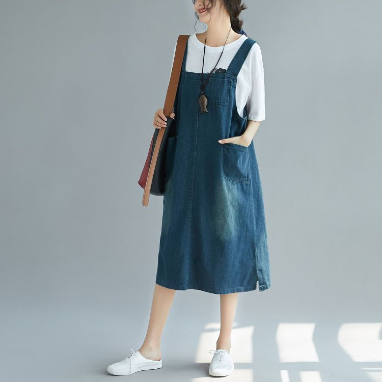 midi denim pinafore dress