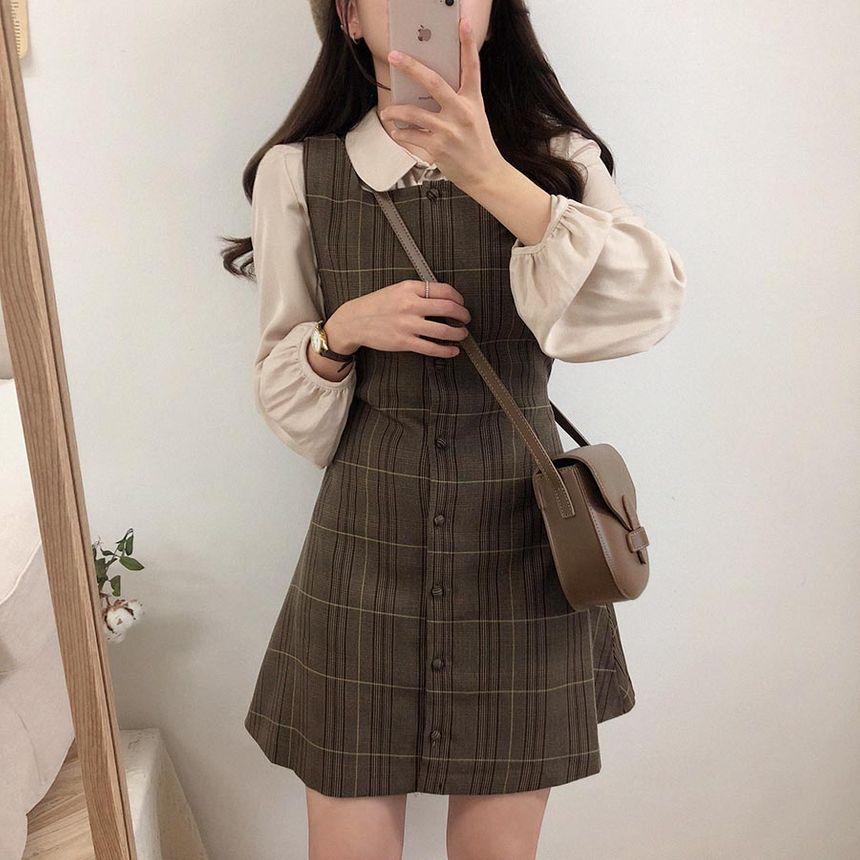 Leoom - Pleated Shirt / Sleeveless Plaid Dress