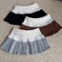 High Waist Two Tone Ribbed Knit Panel Lace Trim Pleated Mini A-Line Skirt