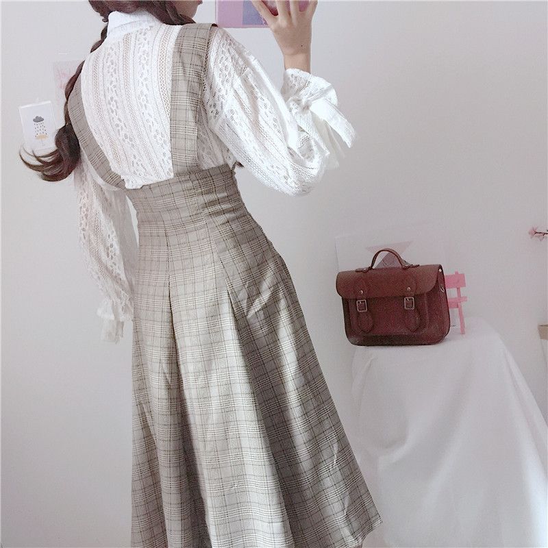 AKANYA Long-Sleeve Lace Shirt / Plaid Midi A-Line Suspender Skirt | YesStyle