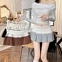 High Waist Two Tone Ribbed Knit Panel Lace Trim Pleated Mini A-Line Skirt
