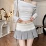 High Waist Two Tone Ribbed Knit Panel Lace Trim Pleated Mini A-Line Skirt
