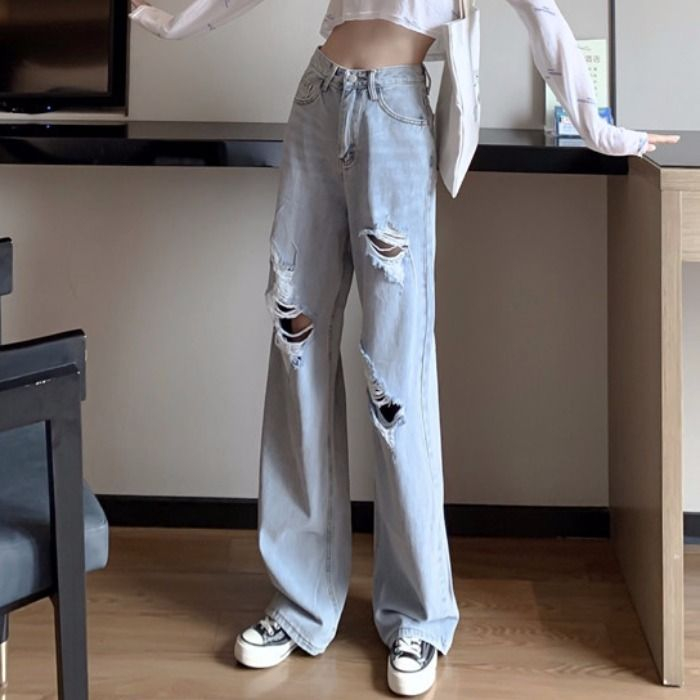Distressed High-Waist Wide-Leg Jeans 