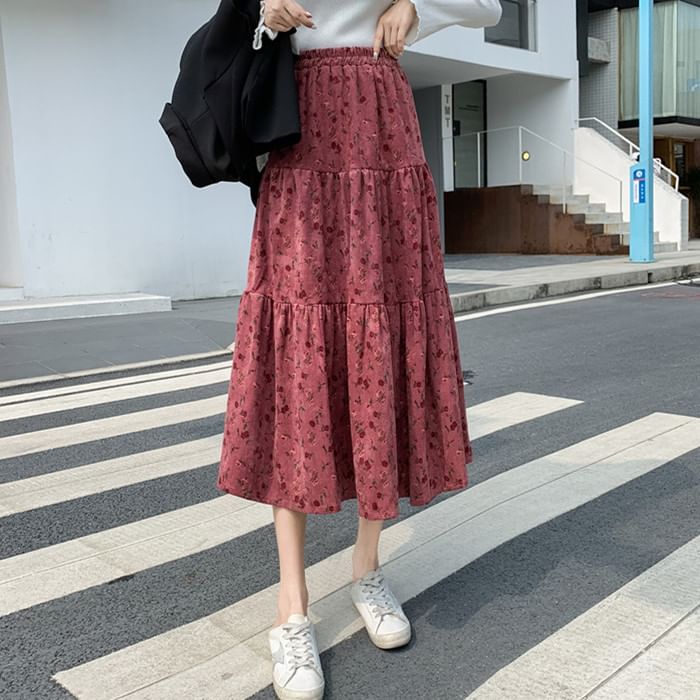 Juuri - Corduroy Floral A-Line Skirt | YesStyle