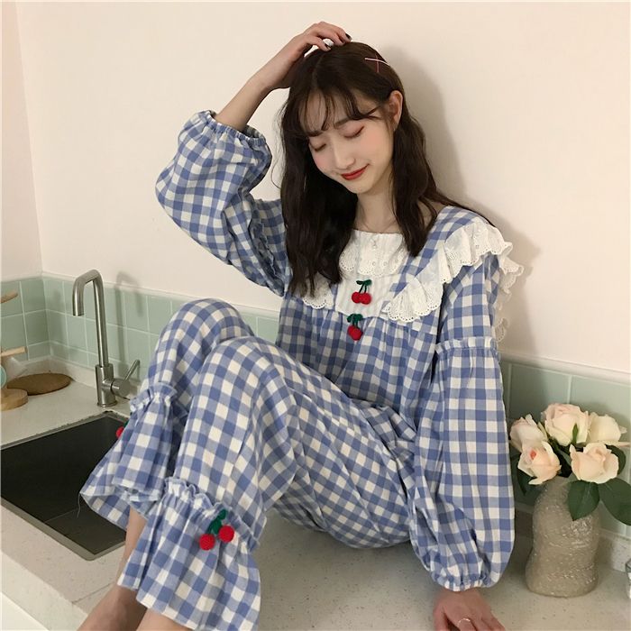 Dshe - Cherry-Accent Gingham Pajama Set: Lace-Panel Puff Long-Sleeve Top +  Ruffle-Hem Pants | YesStyle