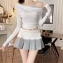 High Waist Two Tone Ribbed Knit Panel Lace Trim Pleated Mini A-Line Skirt