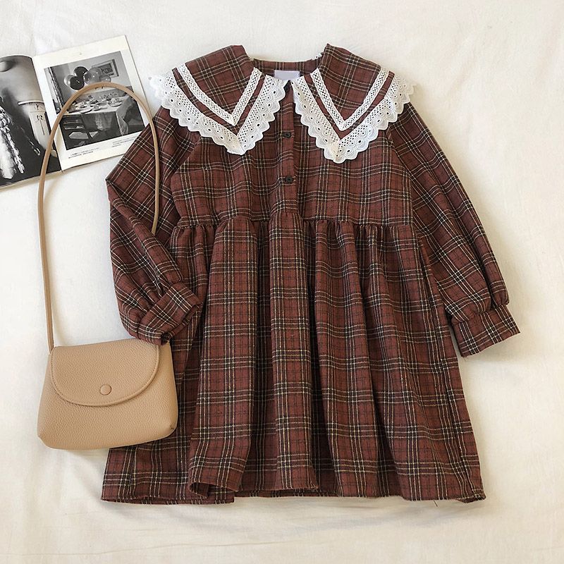 DIYI - Long-Sleeve Plaid Babydoll Dress 