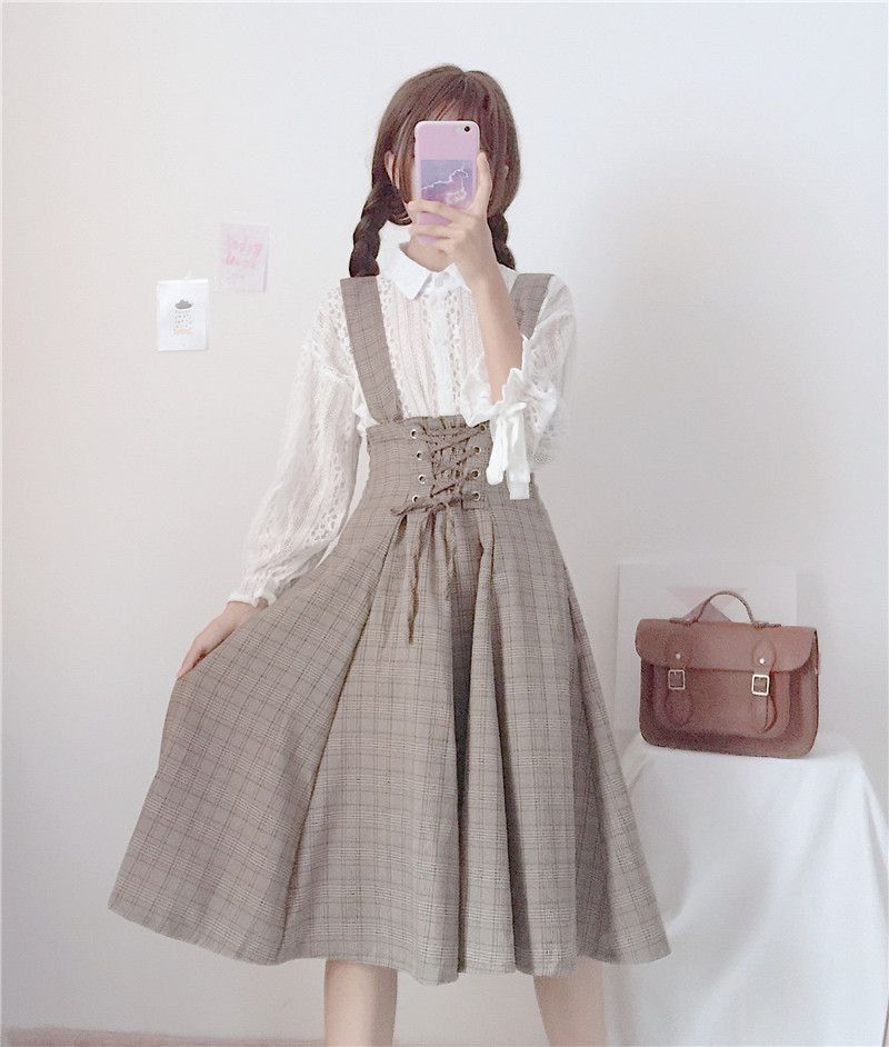 AKANYA Long-Sleeve Lace Shirt / Plaid Midi A-Line Suspender Skirt | YesStyle