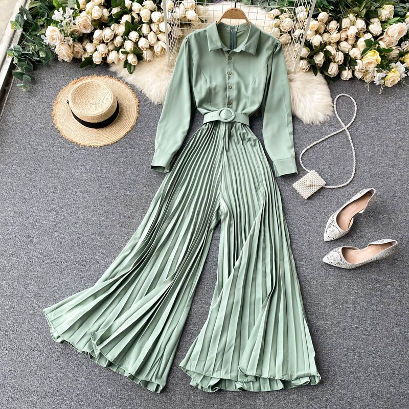 pleated long sleeve jumpsuit