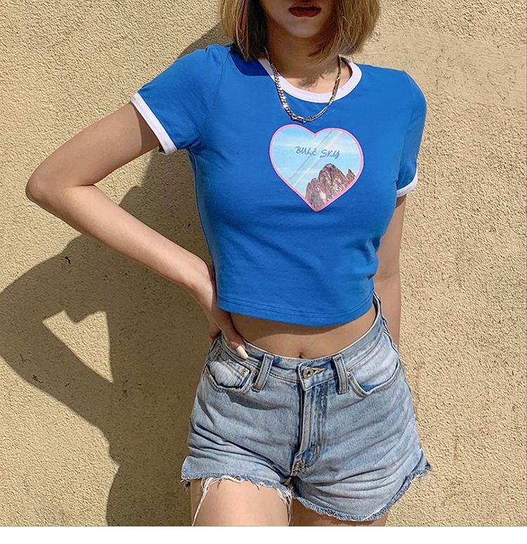 Short-Sleeve Heart Print Cropped Ringer 