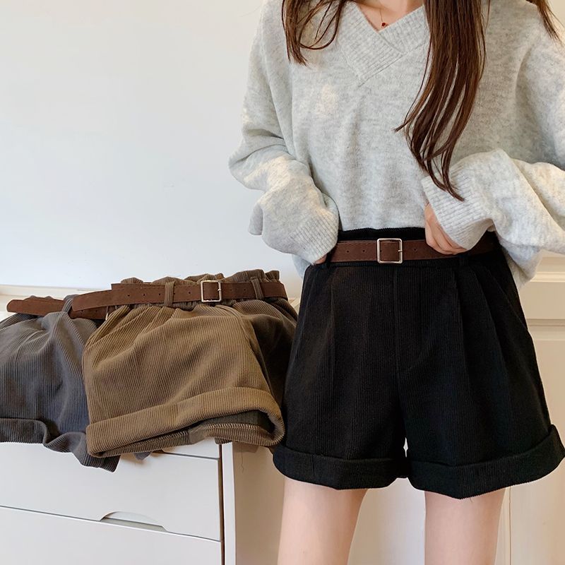 High-Waist Wide-Leg Cuffed Corduroy 