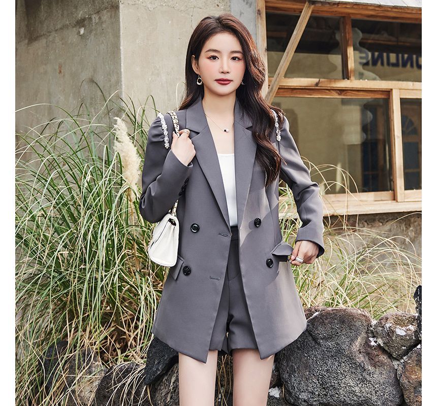 Skyheart - Notch Lapel Plain Faux Pearl Double Breasted Blazer / High Waist  Shorts / Set | YesStyle