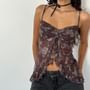 Print Drawstring Ruffle Trim Slit Slim Fit Cami Top
