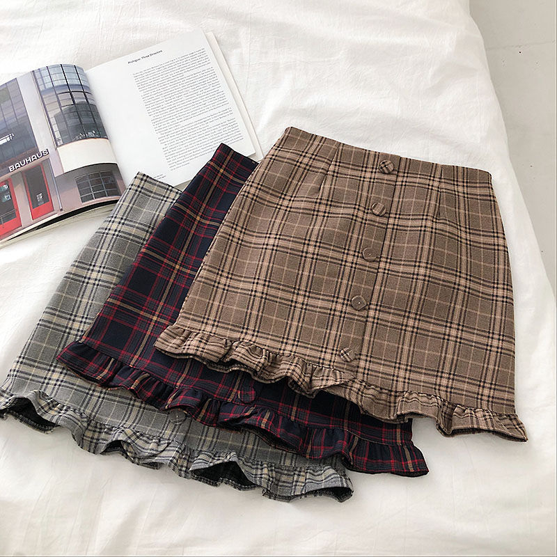 Plaid Ruffle-Hem High-Waist A-Line Skirt