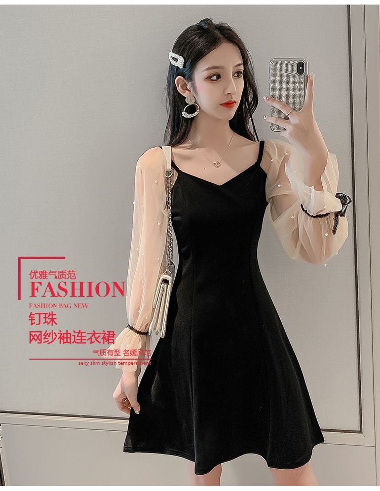 Long-Sleeve Mesh A-Line Mini Dress 