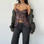 Print Drawstring Ruffle Trim Slit Slim Fit Cami Top