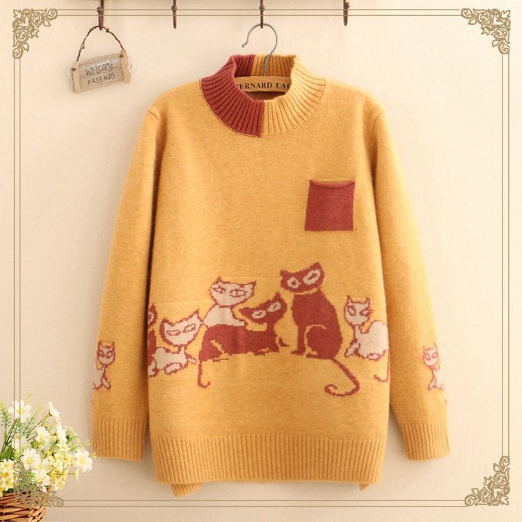 Kawaii Fairyland Pocket-Front Cat Print Sweater | YesStyle