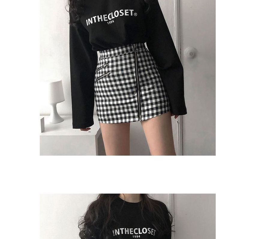 Zepto Long-Sleeve Letter T-Shirt / Asymmetric Zip Gingham Mini Skirt ...