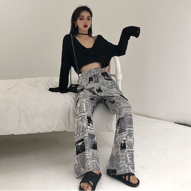 Newspaper Print Wide Leg Pants | YesStyle