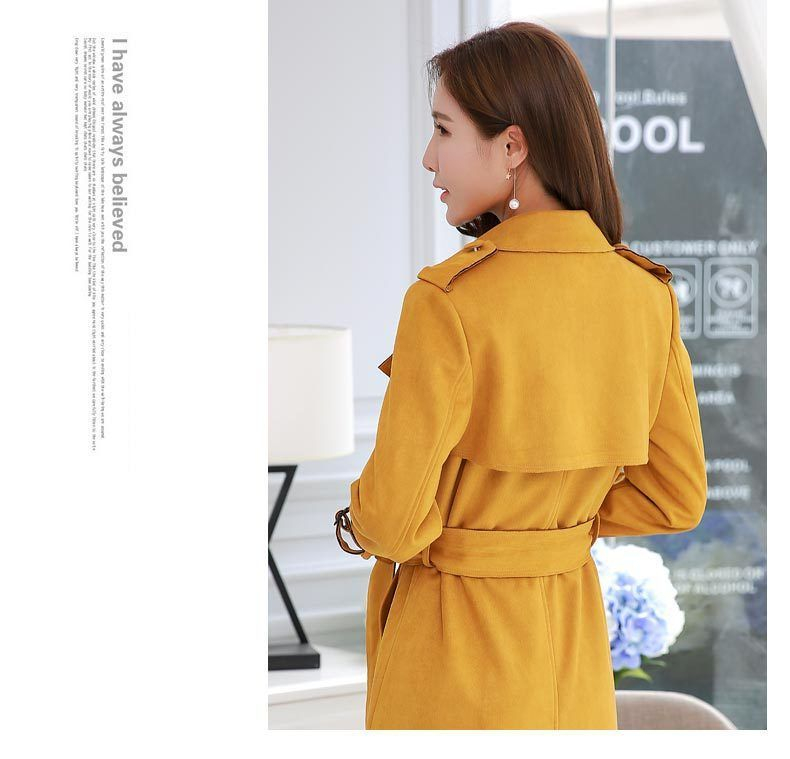 Suede Effect Double-Breasted Long Trench Coat